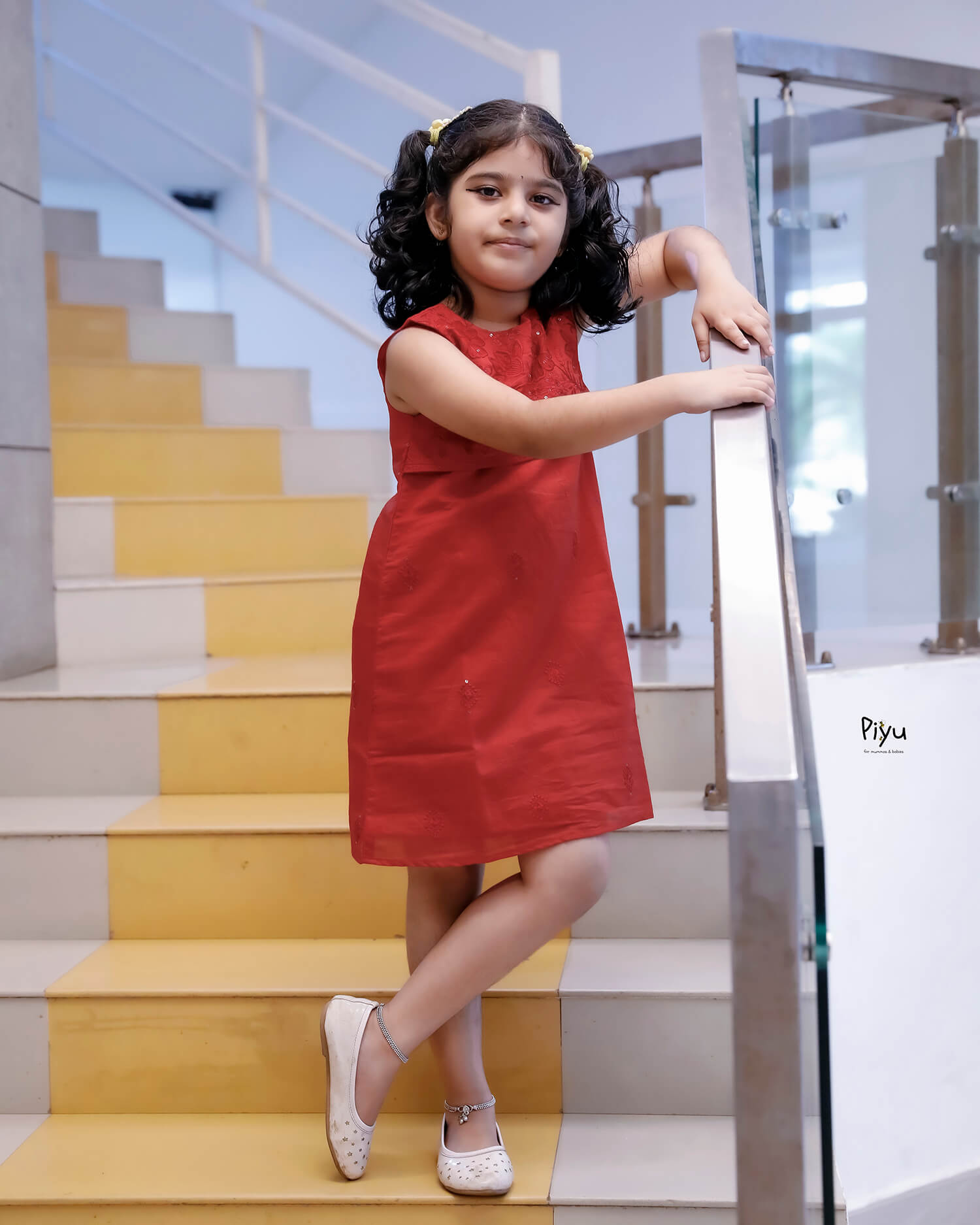 Mul Chanderi A-Line Frock: Cutwork & Sequenced Yoke-Red.