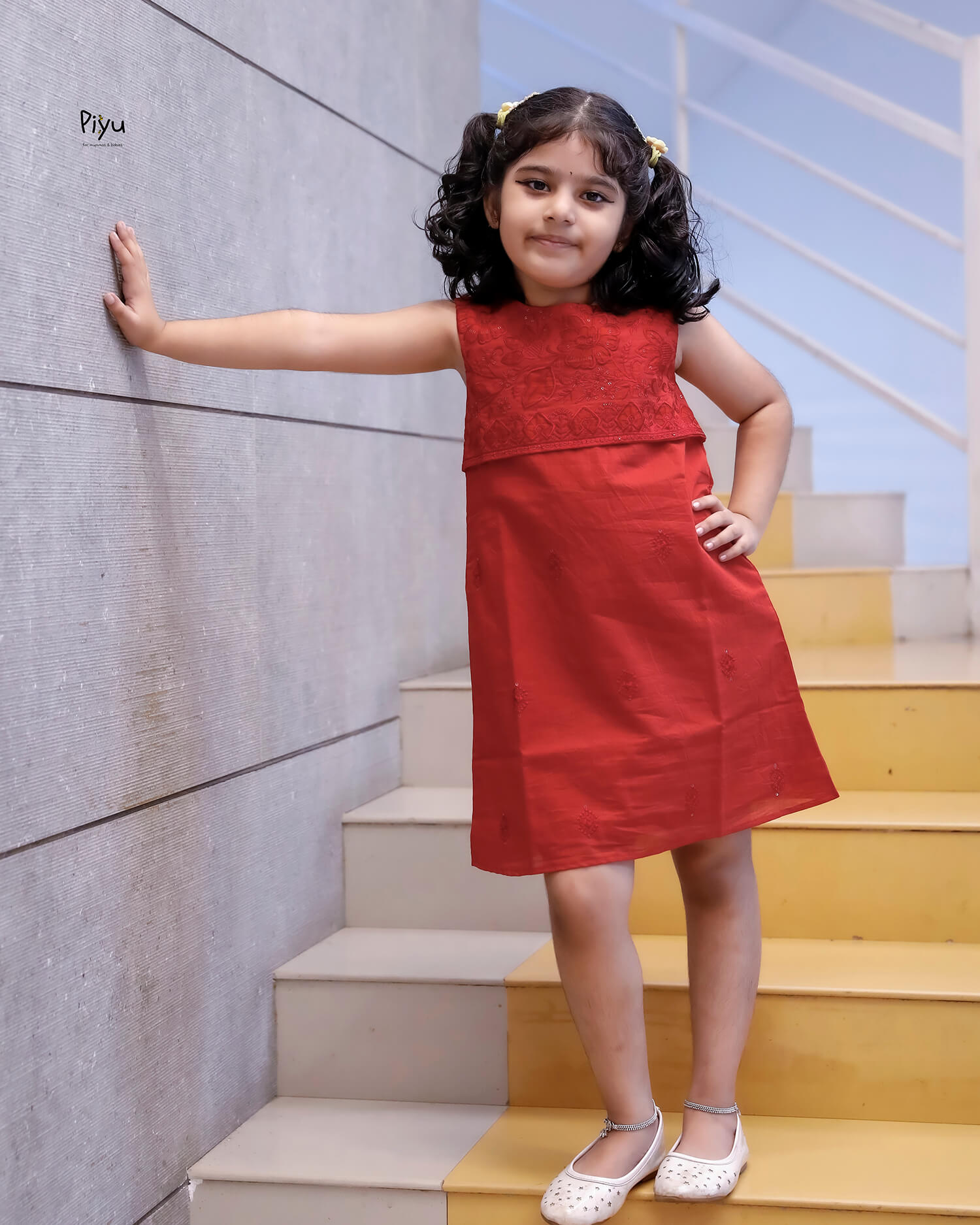 Mul Chanderi A-Line Frock: Cutwork & Sequenced Yoke-Red.