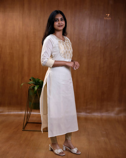 Kerala Cotton Kurti with Banarasi Yoke & Leaf Neck Design