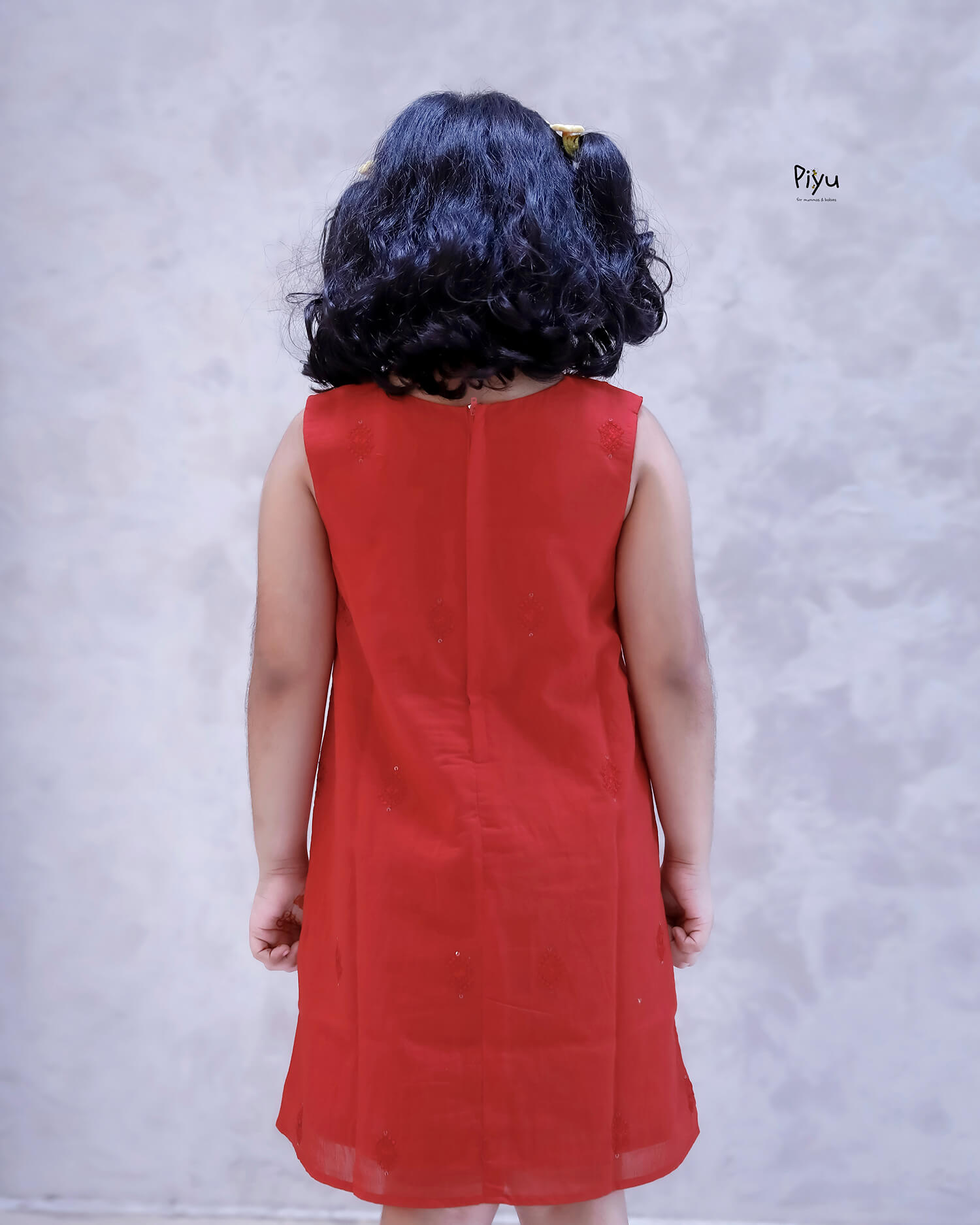 Mul Chanderi A-Line Frock: Cutwork & Sequenced Yoke-Red.