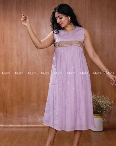 Crushed Dhara Silk Kurti | Mukaish + Beaded Sequin Yoke | Lavender