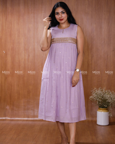 Crushed Dhara Silk Kurti | Mukaish + Beaded Sequin Yoke | Lavender