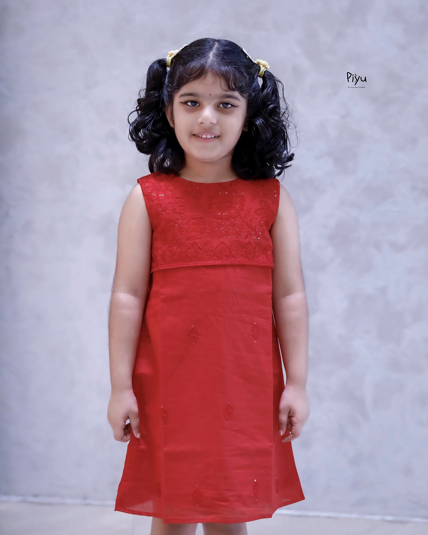 Mul Chanderi A-Line Frock: Cutwork & Sequenced Yoke-Red.