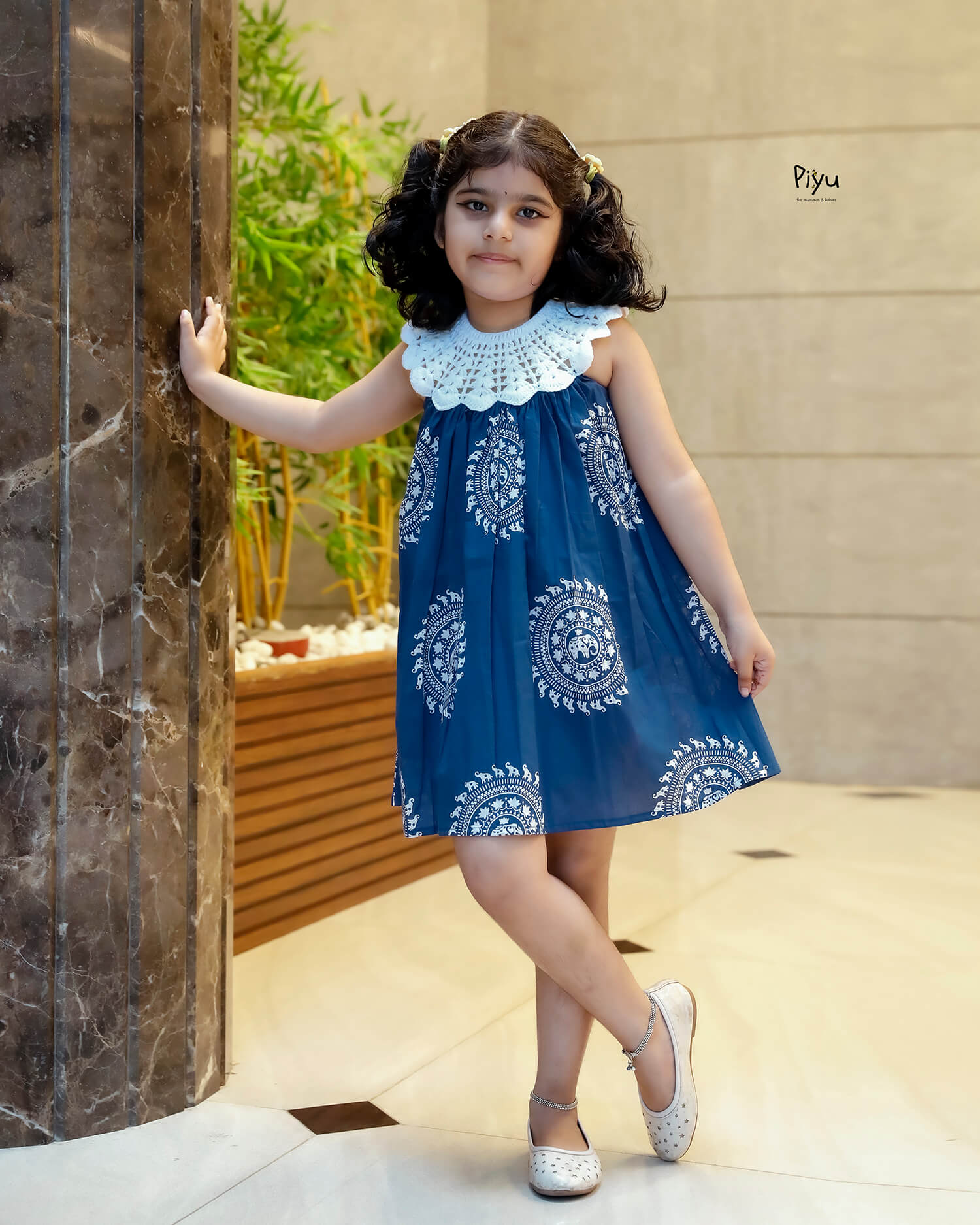 Cotton Frock with Crochet Neck & Button Back-Blue.