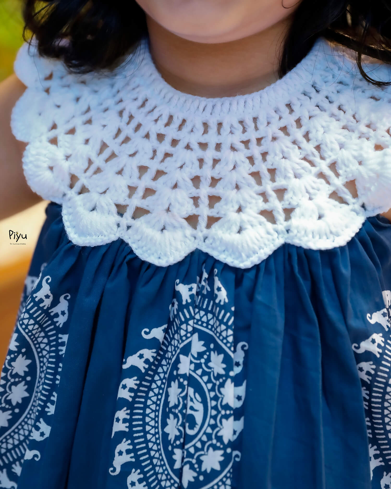 Cotton Frock with Crochet Neck & Button Back-Blue.