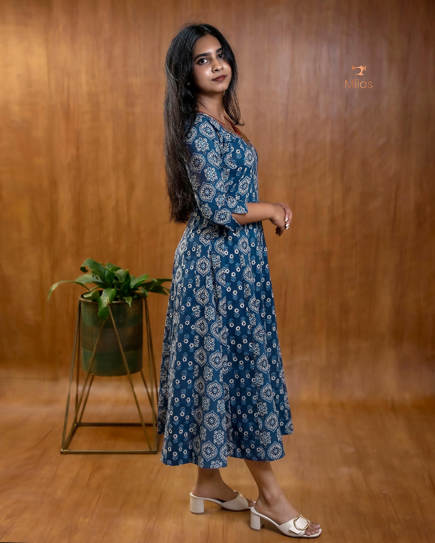 Ajrakh Print Cotton Flared Kurti with Embroidered V-Neck
