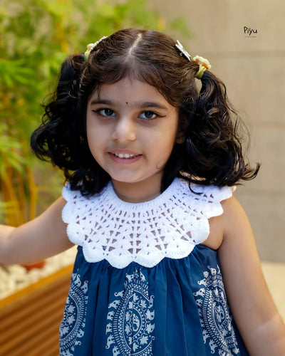 Cotton Frock with Crochet Neck & Button Back-Blue.