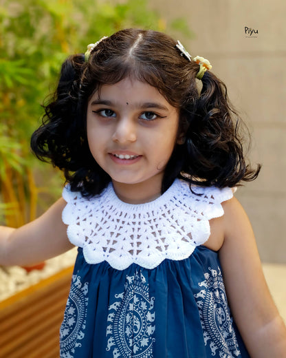 Cotton Frock with Crochet Neck & Button Back-Blue.