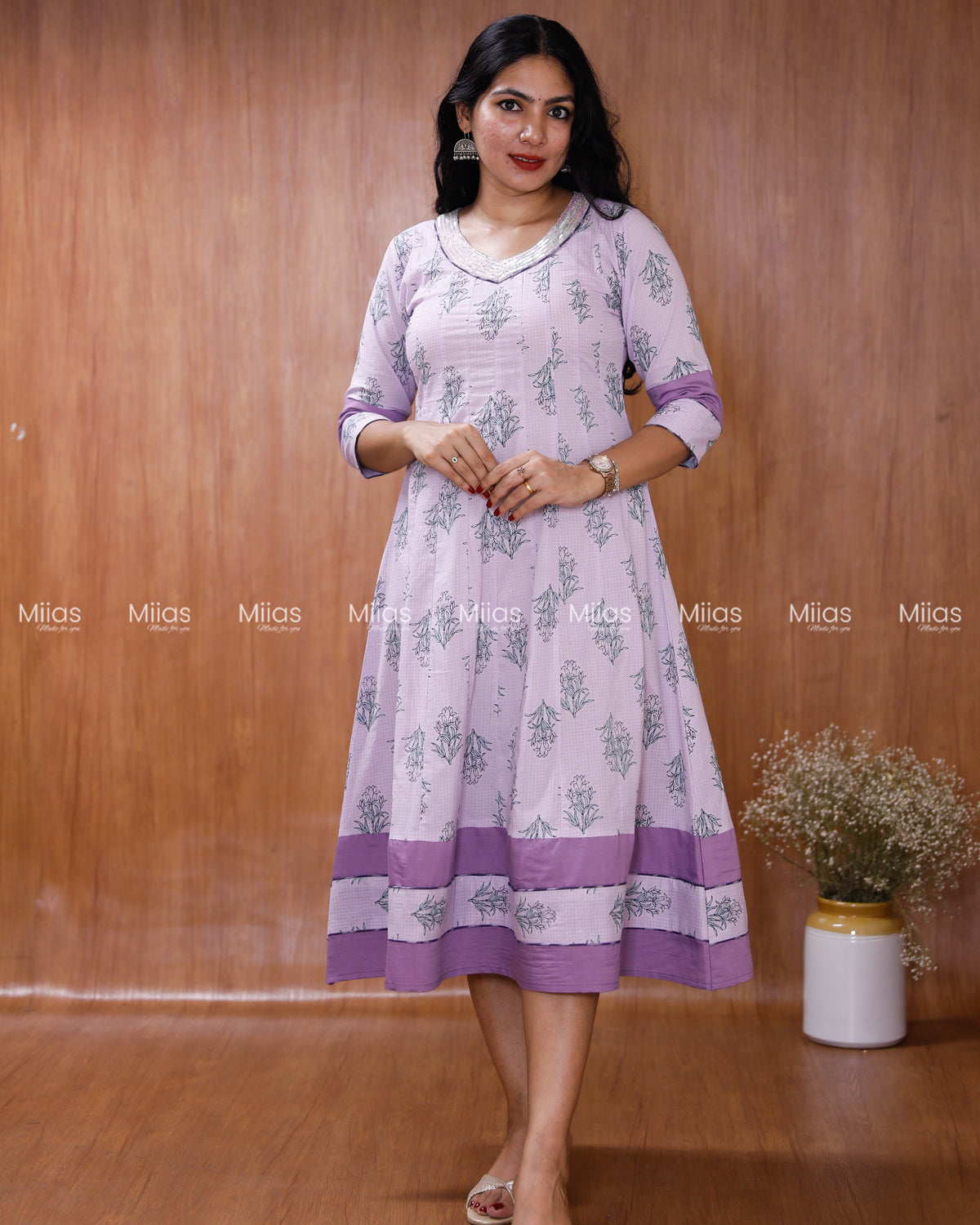 Jaipur Cotton Panel Kurti | Beaded Sequin Neck + Border| Lilac
