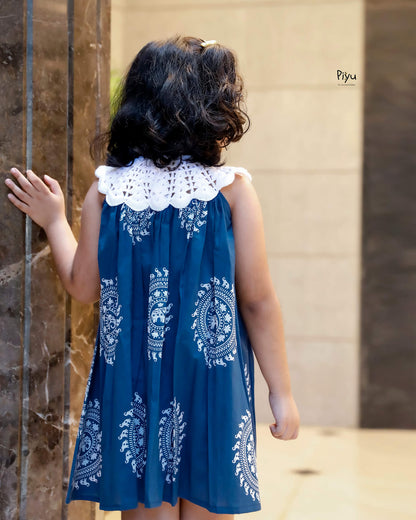 Cotton Frock with Crochet Neck & Button Back-Blue.