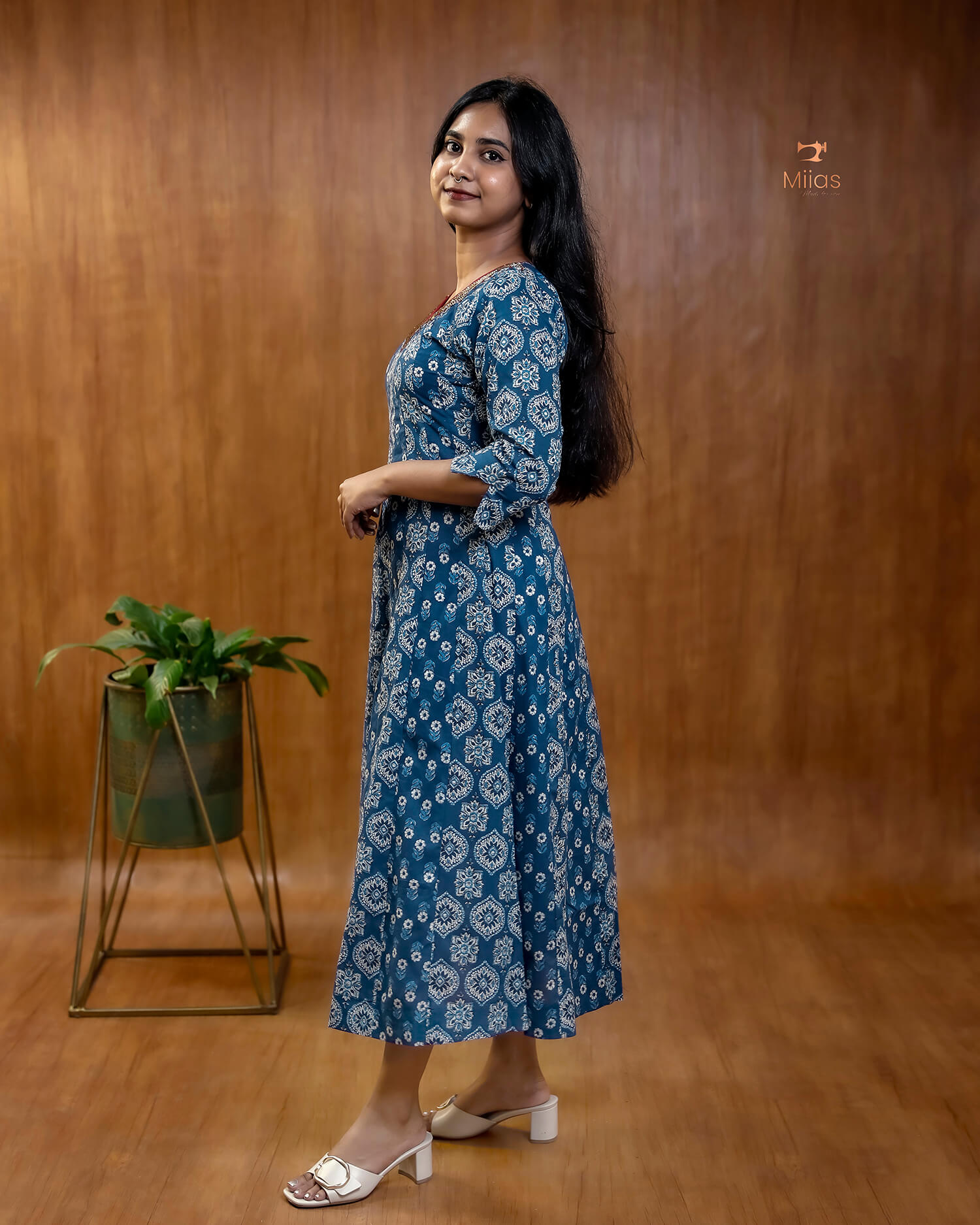 Ajrakh Print Cotton Flared Kurti with Embroidered V-Neck
