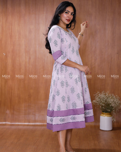 Jaipur Cotton Panel Kurti | Beaded Sequin Neck + Border| Lilac