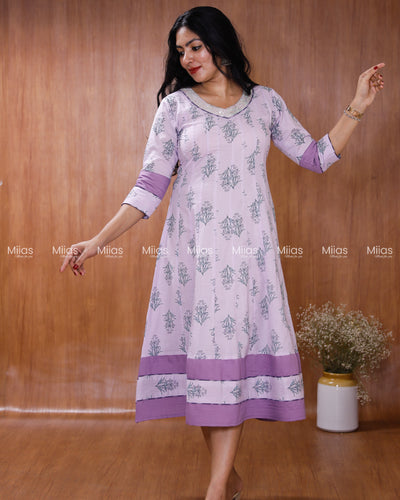 Jaipur Cotton Panel Kurti | Beaded Sequin Neck + Border| Lilac