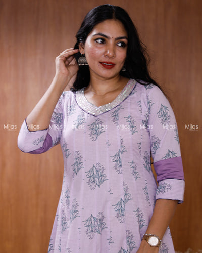 Jaipur Cotton Panel Kurti | Beaded Sequin Neck + Border| Lilac