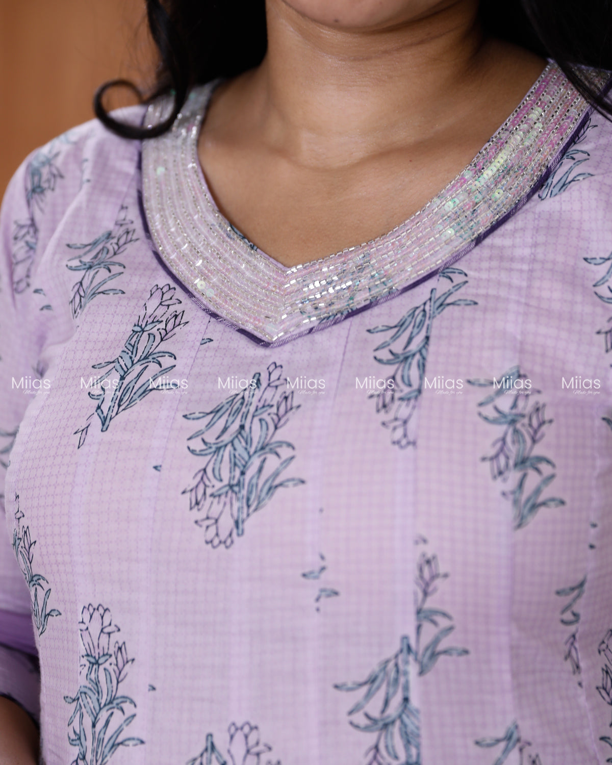 Jaipur Cotton Panel Kurti | Beaded Sequin Neck + Border| Lilac