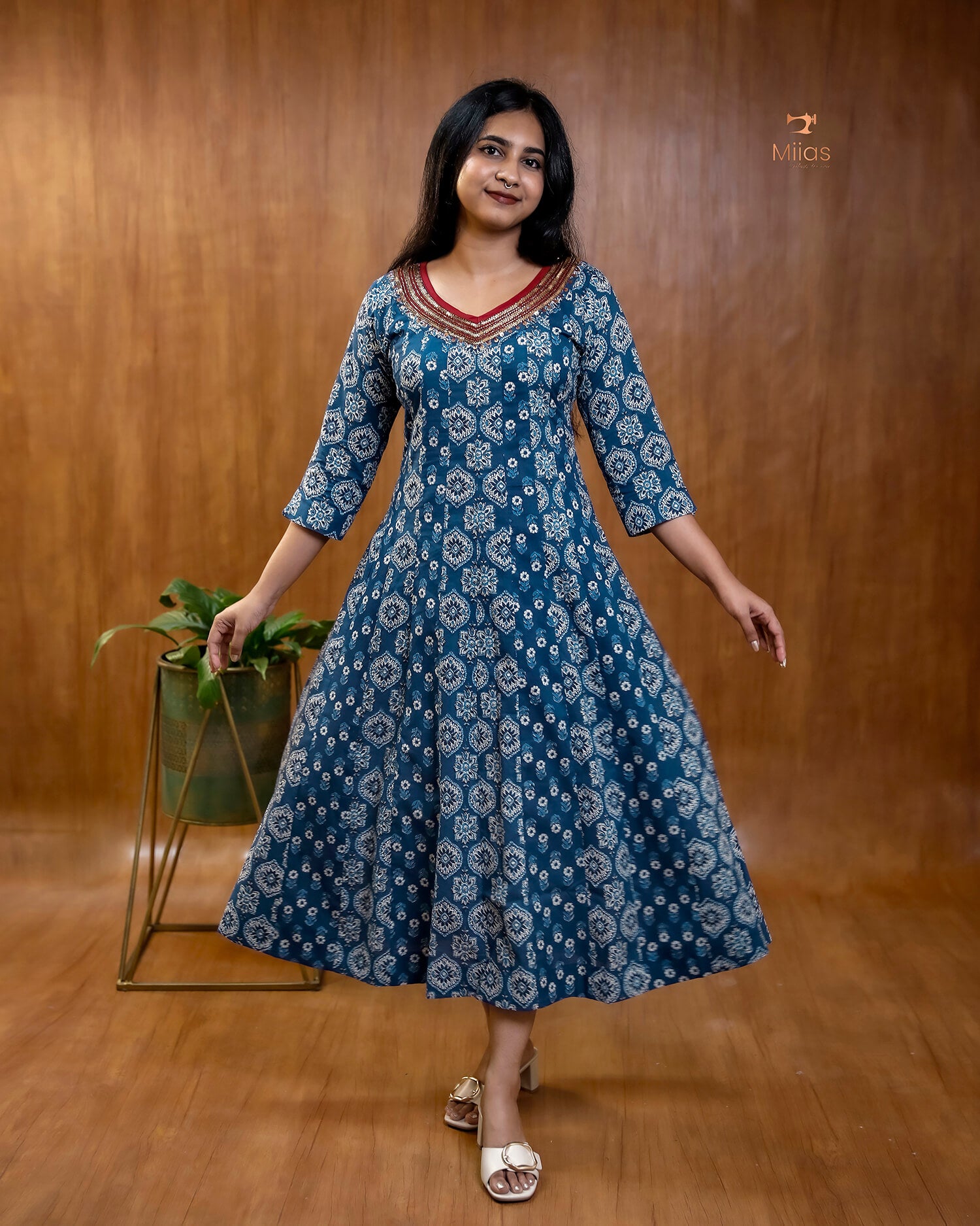 Ajrakh Print Cotton Flared Kurti with Embroidered V-Neck