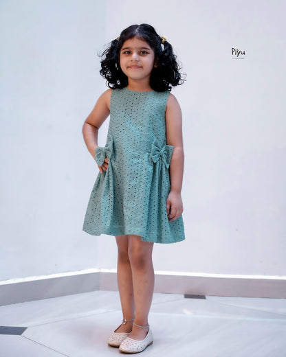 Soft Hakoba Lined A-Line Dress w/ Bow & Pleats-Pastel Teal Green.