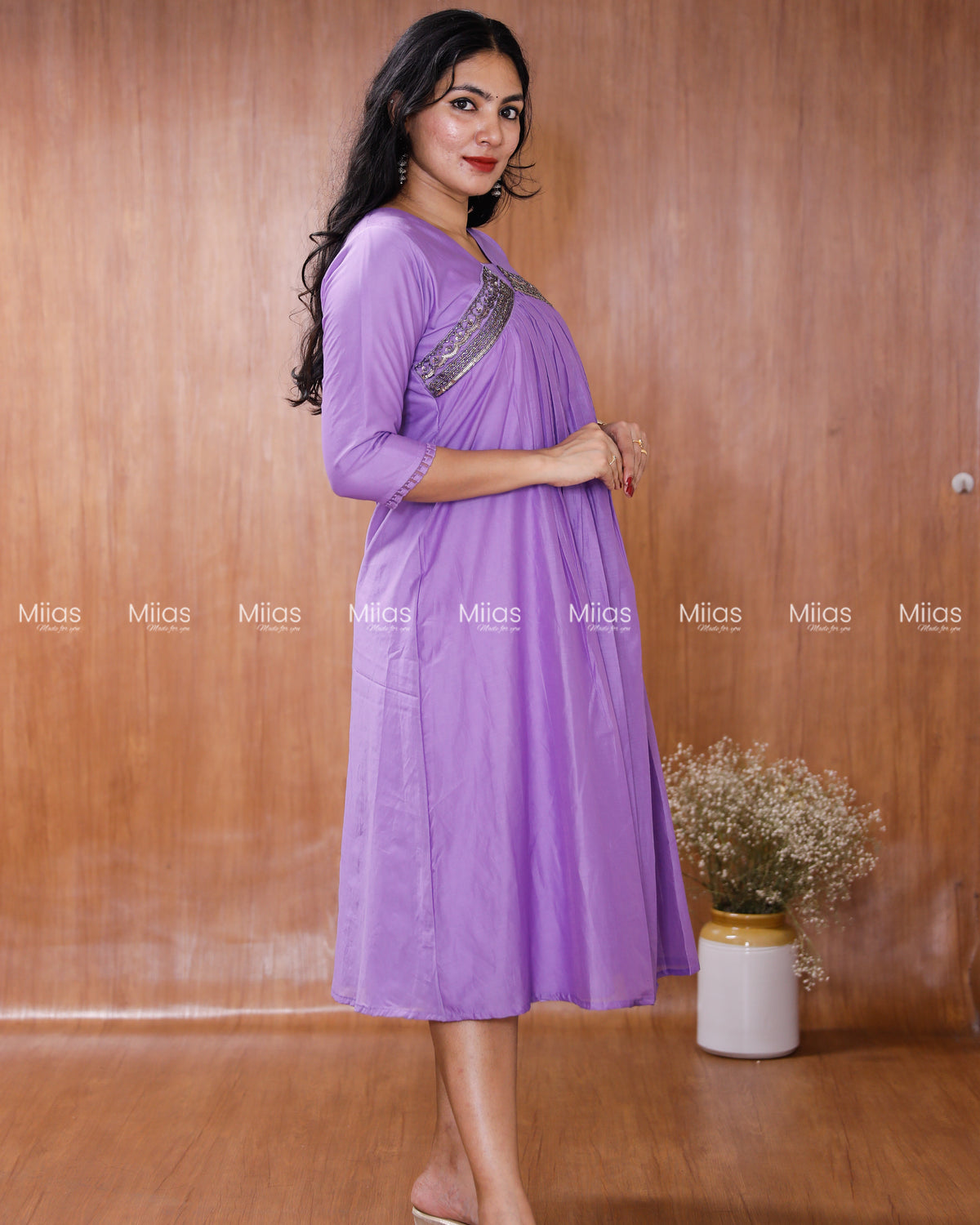 Mul Chanderi Alia Cut Dress Kurti | Lace + Beaded Yoke | Purple