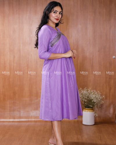 Mul Chanderi Alia Cut Dress Kurti | Lace + Beaded Yoke | Purple