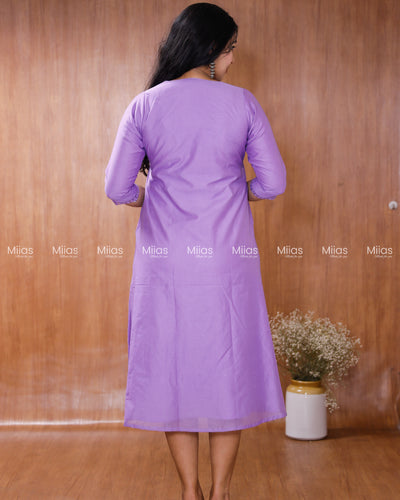 Mul Chanderi Alia Cut Dress Kurti | Lace + Beaded Yoke | Purple