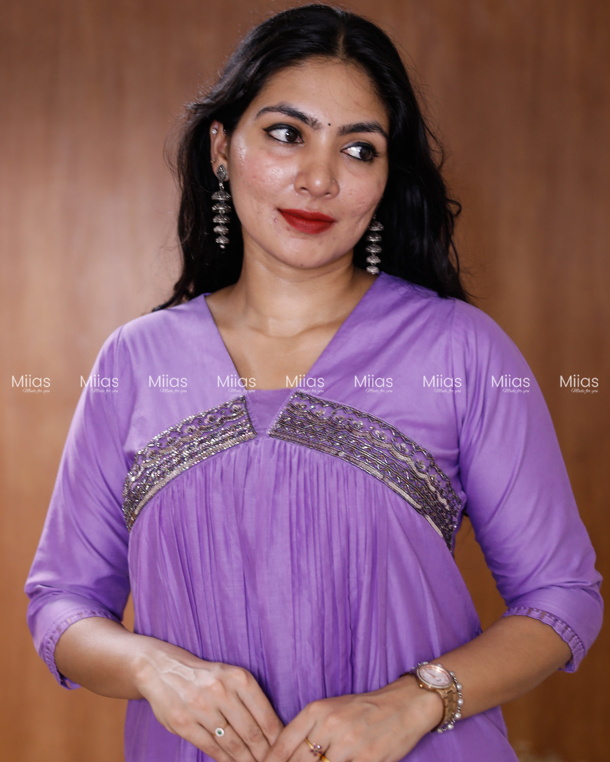 Mul Chanderi Alia Cut Dress Kurti | Lace + Beaded Yoke | Purple
