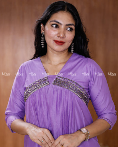 Mul Chanderi Alia Cut Dress Kurti | Lace + Beaded Yoke | Purple