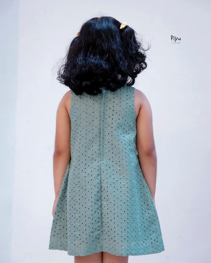 Soft Hakoba Lined A-Line Dress w/ Bow & Pleats-Pastel Teal Green.