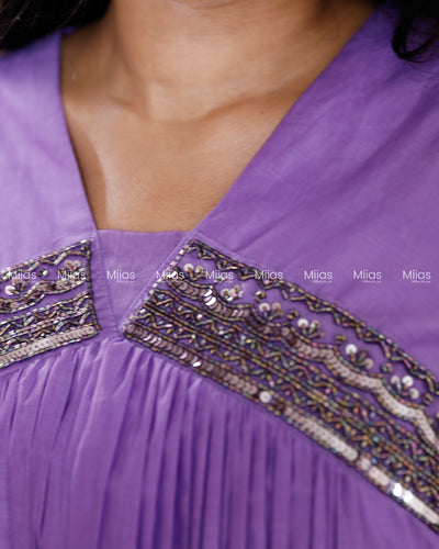 Mul Chanderi Alia Cut Dress Kurti | Lace + Beaded Yoke | Purple