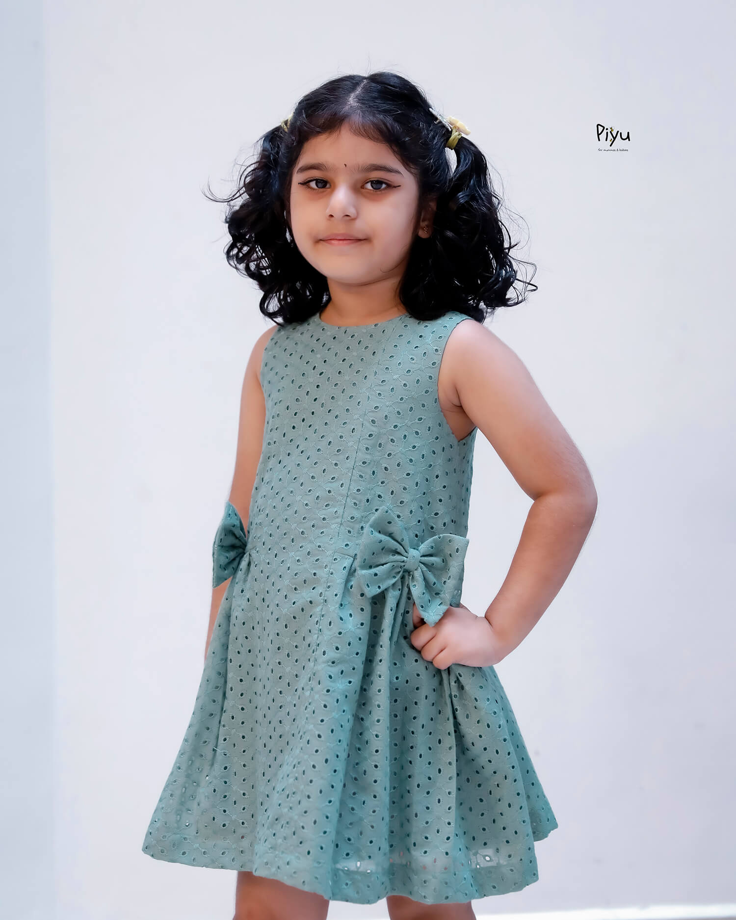 Soft Hakoba Lined A-Line Dress w/ Bow & Pleats-Pastel Teal Green.