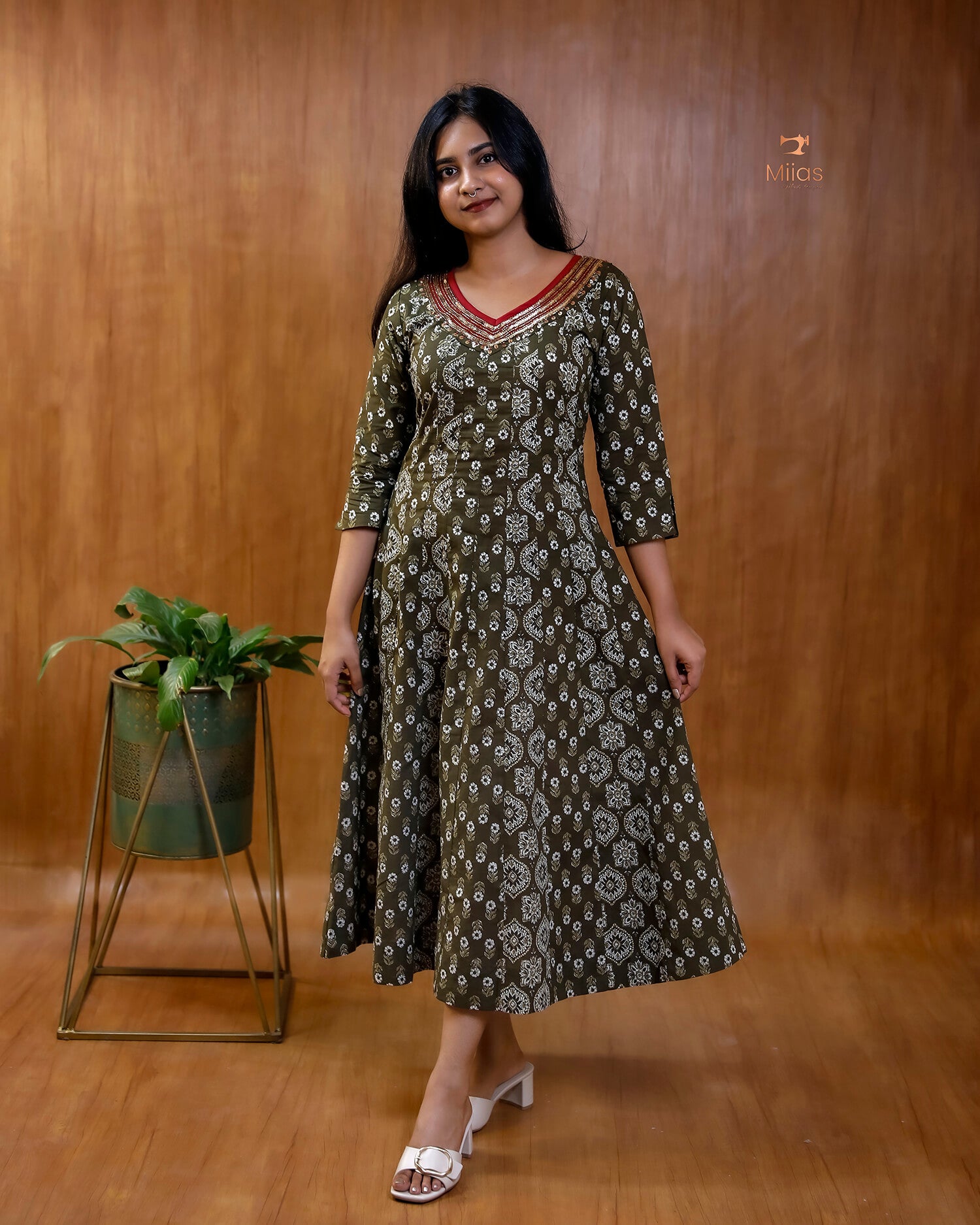 Ajrakh Print Cotton Flared Kurti with Embroidered V-Neck