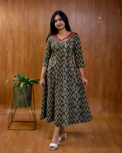Ajrakh Print Cotton Flared Kurti with Embroidered V-Neck