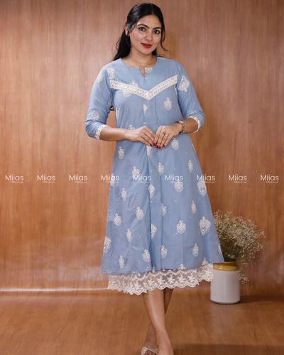 Mul Chanderi Dress Kurti | Mukaish + Lace V-Yoke + Pleats | Powder Blue