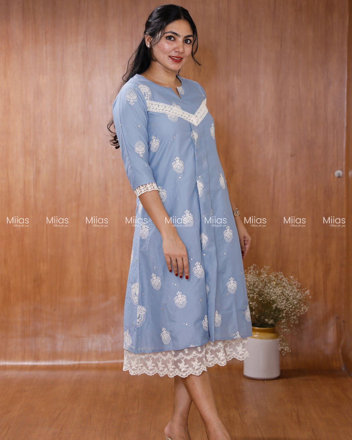 Mul Chanderi Dress Kurti | Mukaish + Lace V-Yoke + Pleats | Powder Blue