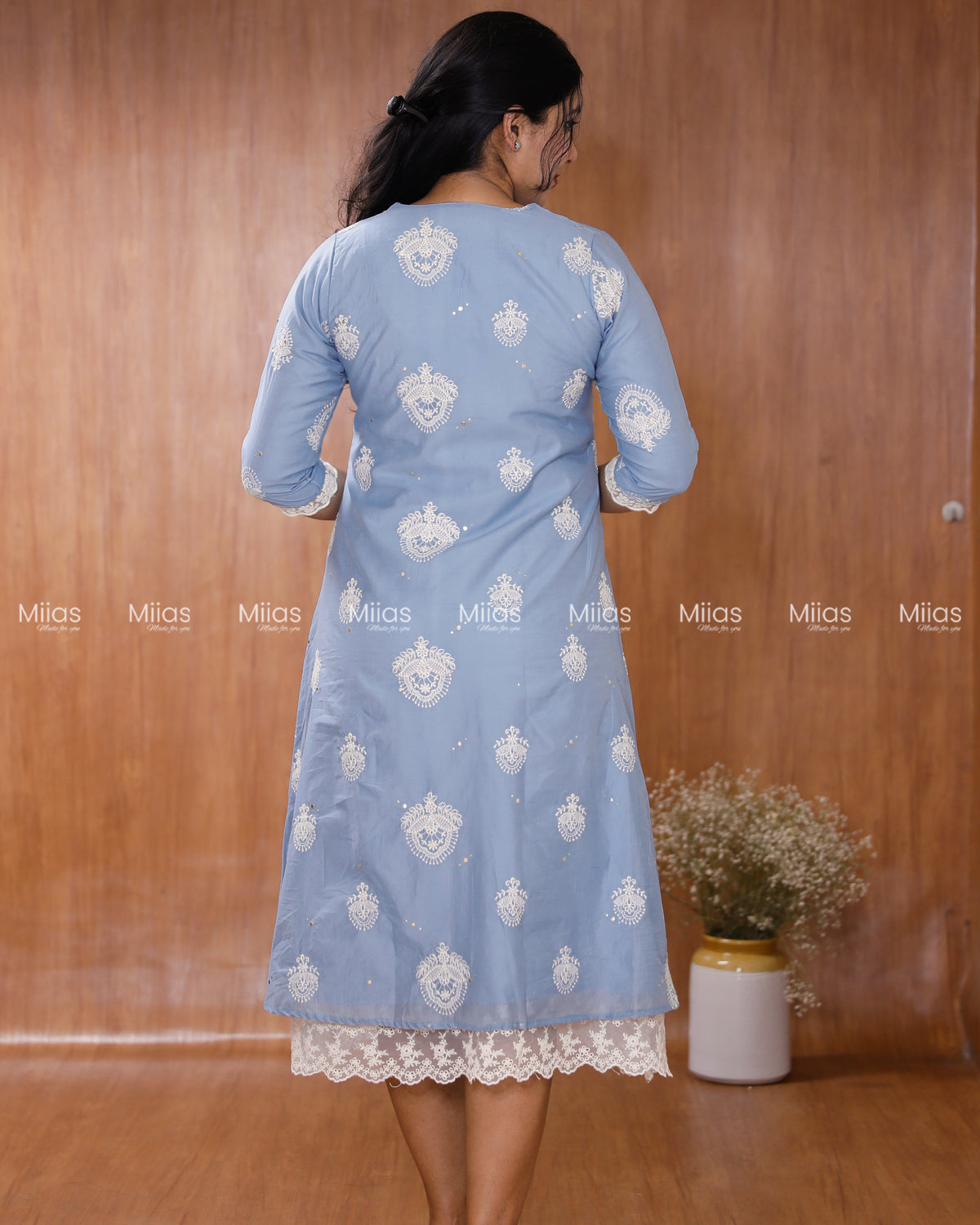 Mul Chanderi Dress Kurti | Mukaish + Lace V-Yoke + Pleats | Powder Blue