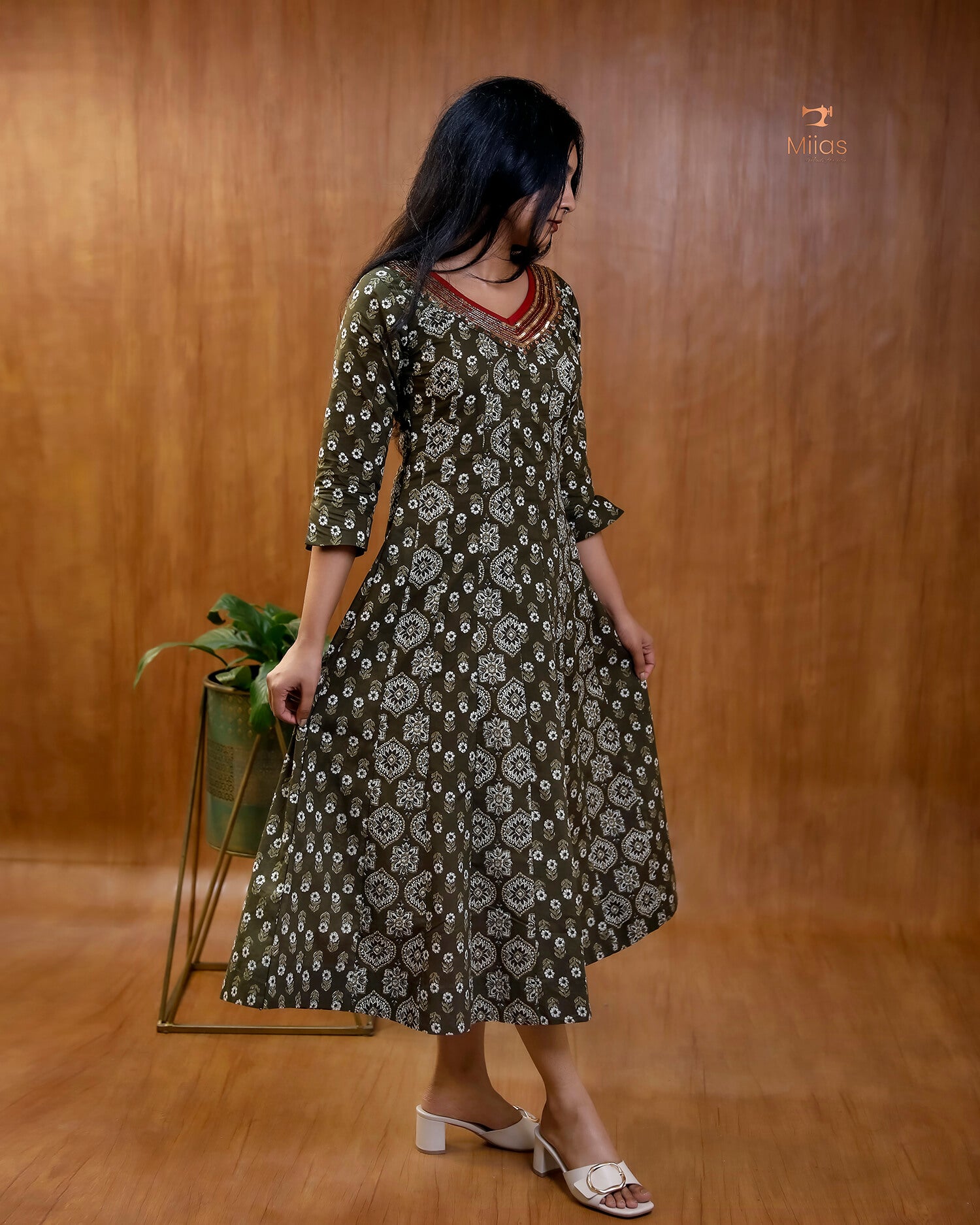 Ajrakh Print Cotton Flared Kurti with Embroidered V-Neck