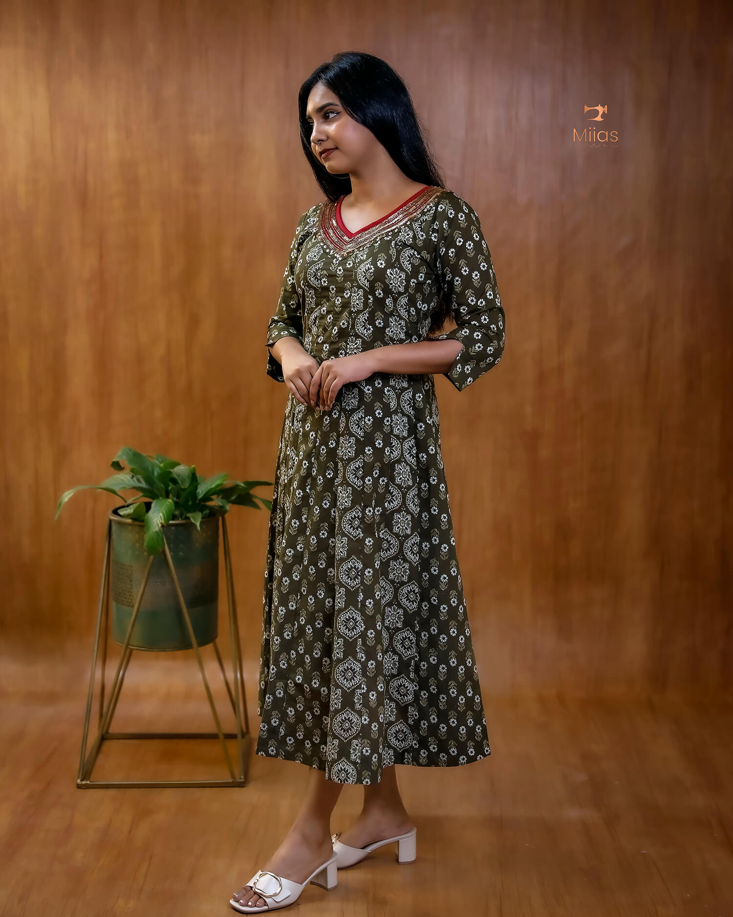 Ajrakh Print Cotton Flared Kurti with Embroidered V-Neck