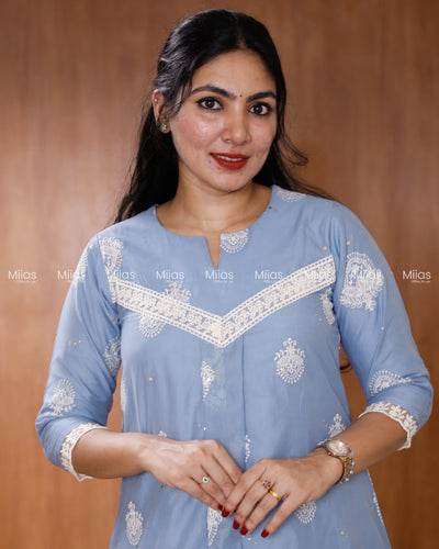 Mul Chanderi Dress Kurti | Mukaish + Lace V-Yoke + Pleats | Powder Blue