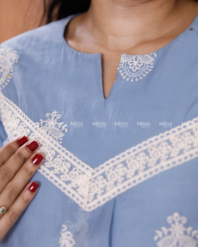 Mul Chanderi Dress Kurti | Mukaish + Lace V-Yoke + Pleats | Powder Blue