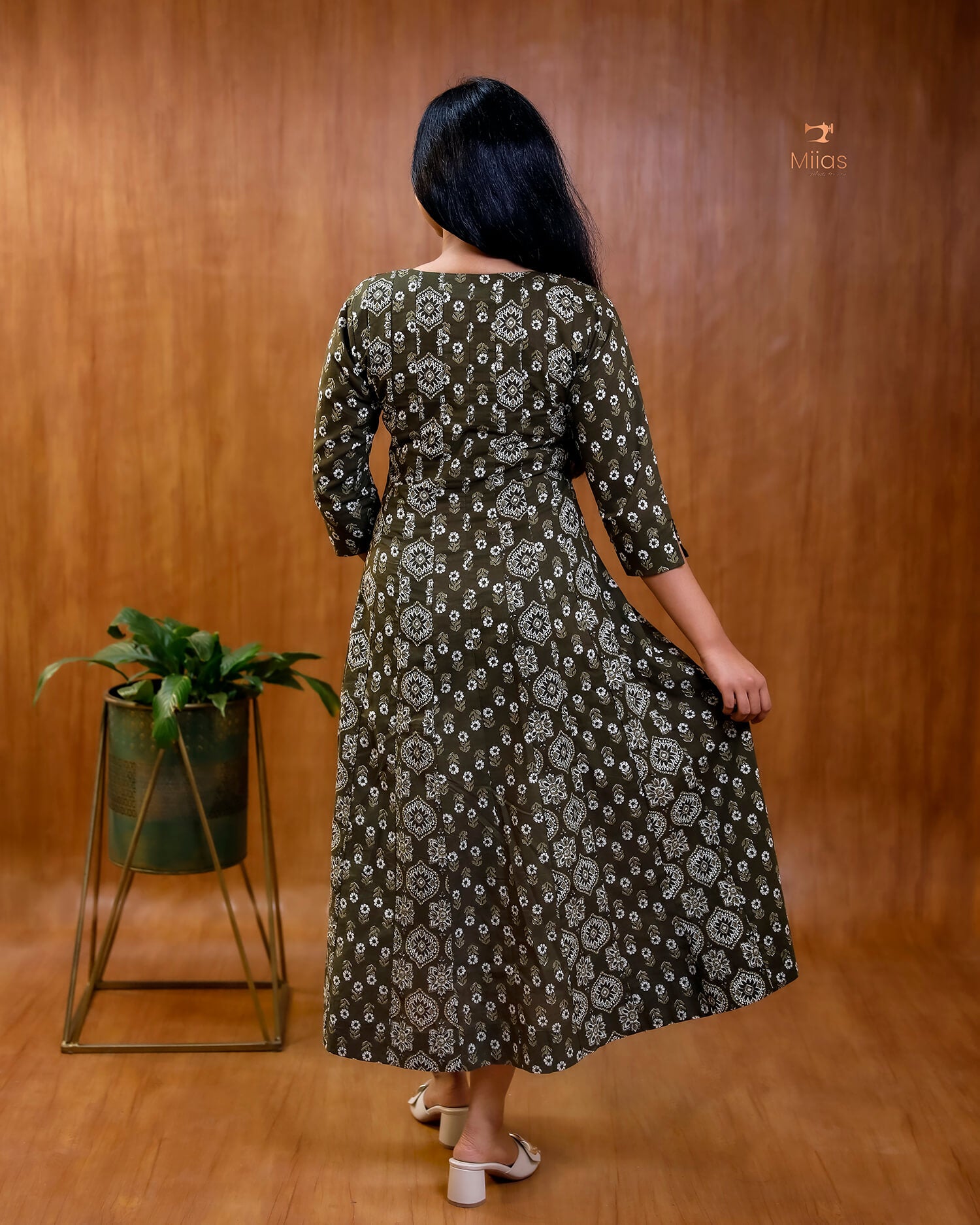 Ajrakh Print Cotton Flared Kurti with Embroidered V-Neck