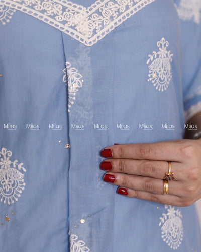 Mul Chanderi Dress Kurti | Mukaish + Lace V-Yoke + Pleats | Powder Blue