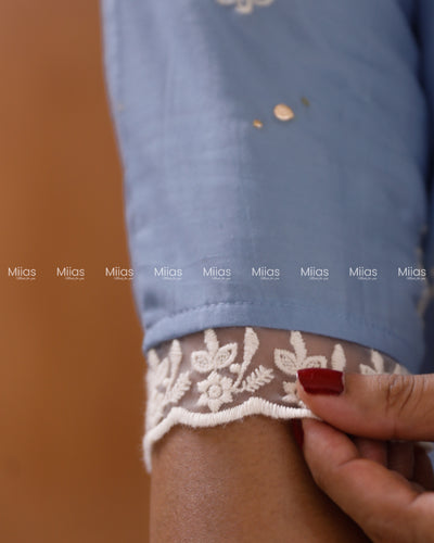 Mul Chanderi Dress Kurti | Mukaish + Lace V-Yoke + Pleats | Powder Blue