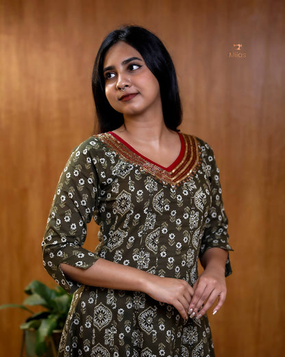 Ajrakh Print Cotton Flared Kurti with Embroidered V-Neck