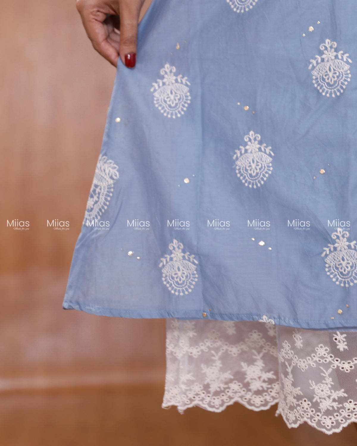 Mul Chanderi Dress Kurti | Mukaish + Lace V-Yoke + Pleats | Powder Blue