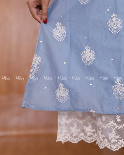 Mul Chanderi Dress Kurti | Mukaish + Lace V-Yoke + Pleats | Powder Blue