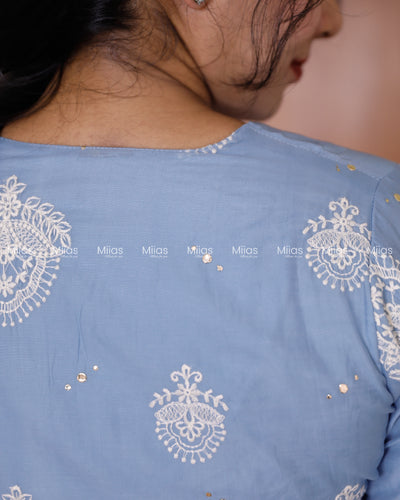Mul Chanderi Dress Kurti | Mukaish + Lace V-Yoke + Pleats | Powder Blue