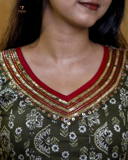 Ajrakh Print Cotton Flared Kurti with Embroidered V-Neck