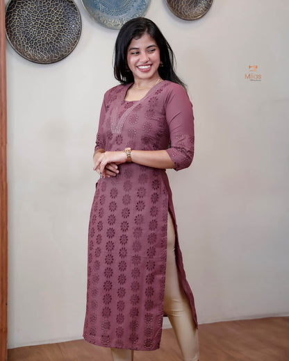 Cotton Hakoba Kurti with V-Neck Zari & Sequins Handwork-Maroon Pink