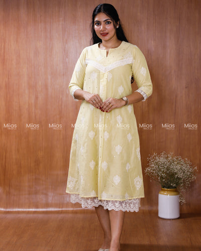 Mul Chanderi Dress Kurti | Mukaish + Lace V-Yoke + Pleats | Pastel Lemon Yellow