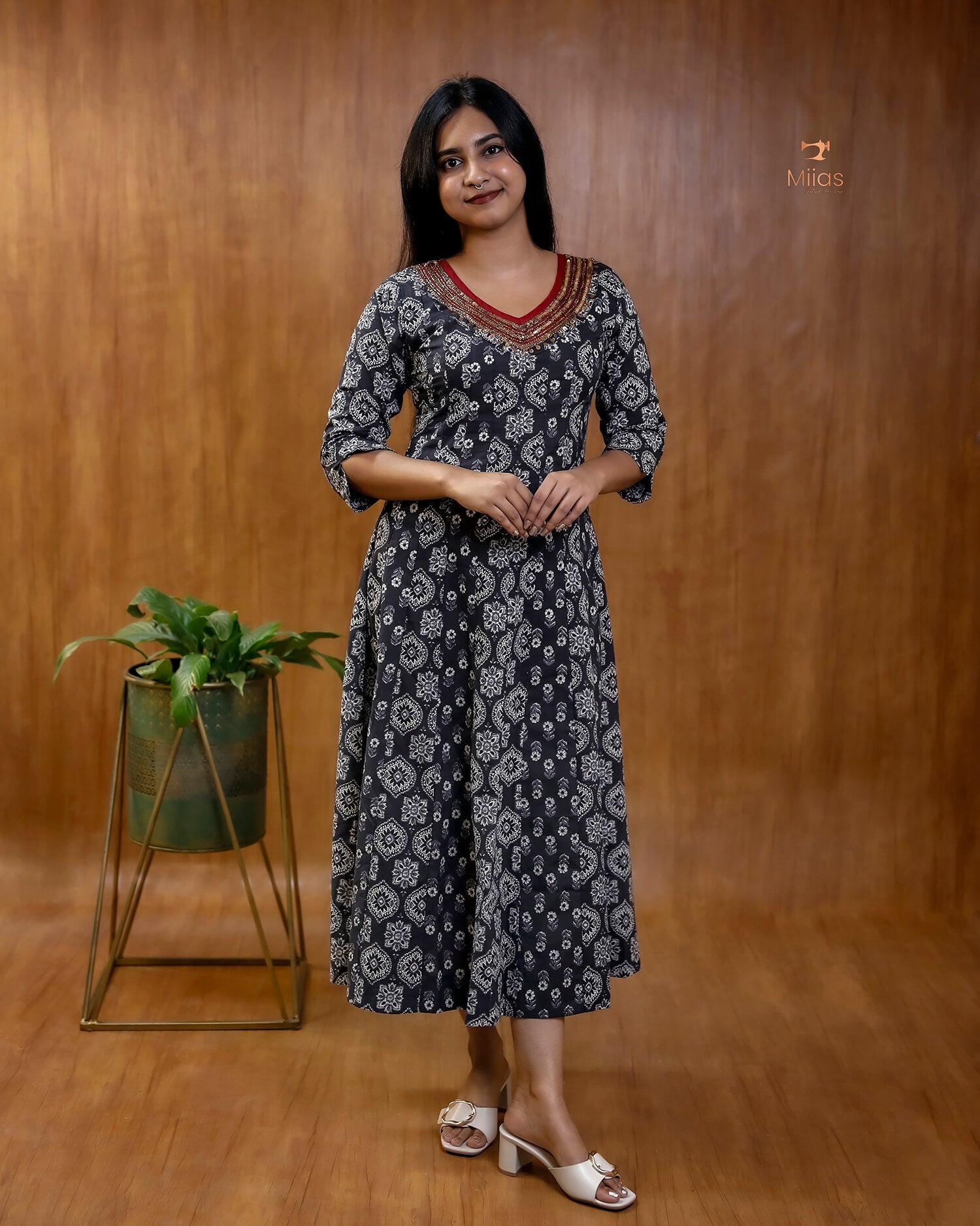 Ajrakh Print Cotton Flared Kurti with Embroidered V-Neck