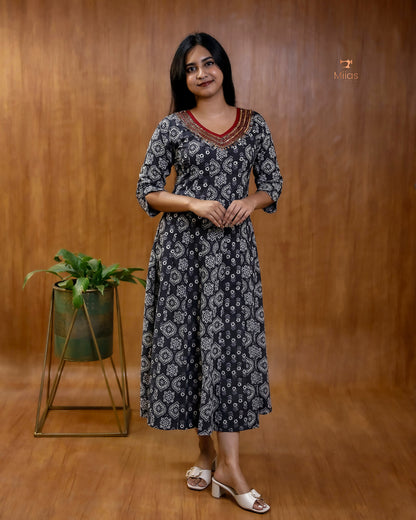 Ajrakh Print Cotton Flared Kurti with Embroidered V-Neck
